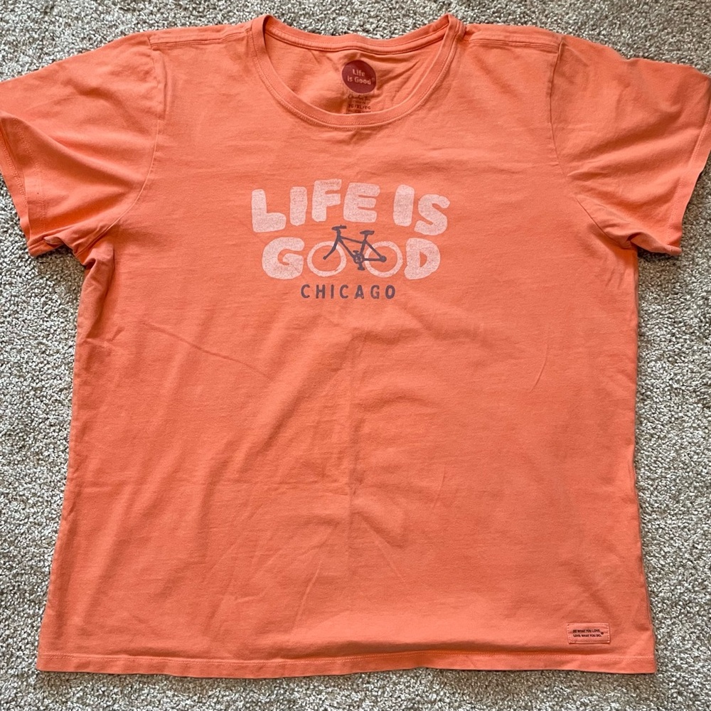 Life Is Good Short Sleeve Orange Tee with Bicycle Graphic